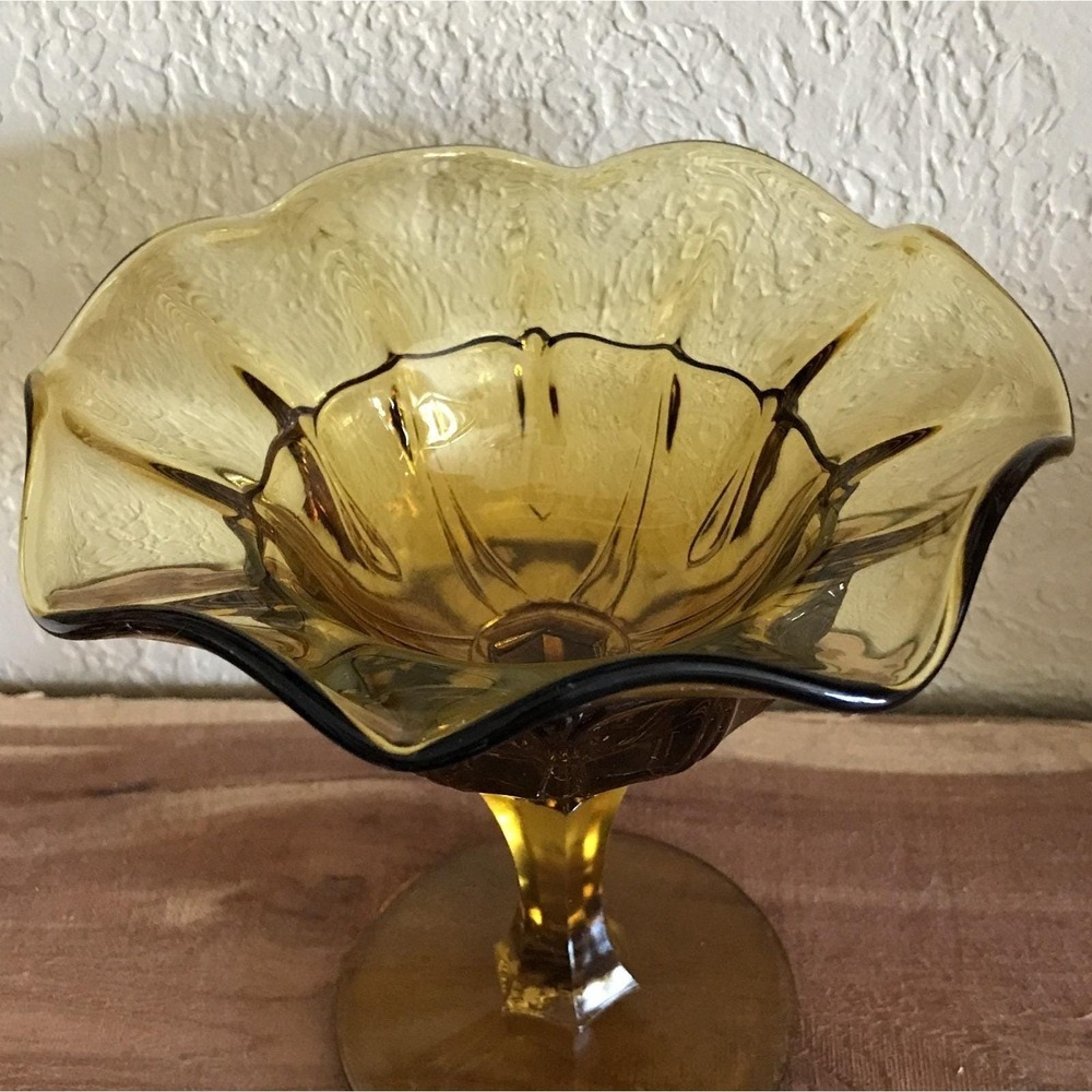 VTG Fenton‎ for Red Cliff Amber Glass Grape Compote Ruffled Pedestal Candy Dish - Picture 2 of 9